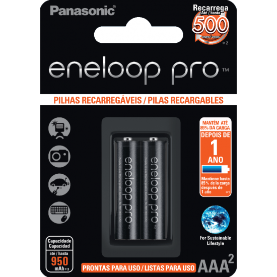 2 Pilhas AAA (PALITO) Recarregáveis da Panasonic Eneloop Pro 500 Recargas, 950 mAh