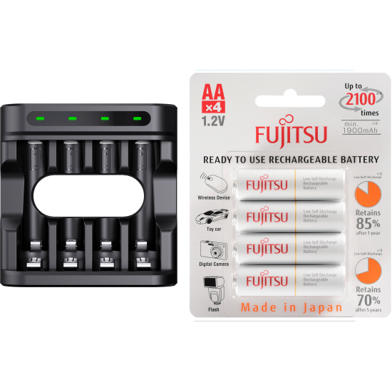 Carregador Enercell 4-LN com 4 pilhas AA Recarregáveis da Fujisu Standard