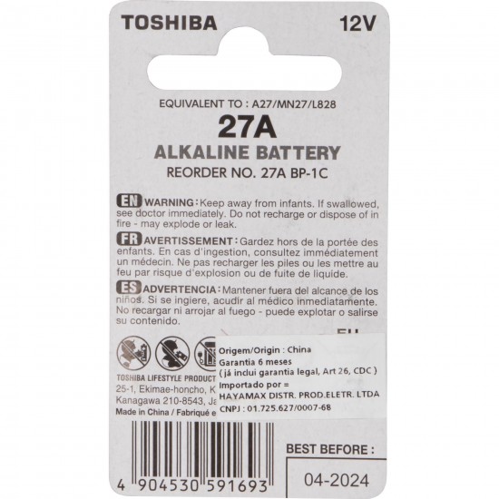 1 pilha Alcalina 27A MN27 12V da TOSHIBA